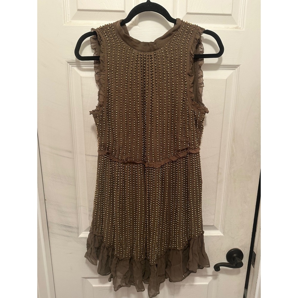 Love Sam Brown Studded Ruffle Mini Lichen Dress Gold Bead Sleeveless Tie Back M